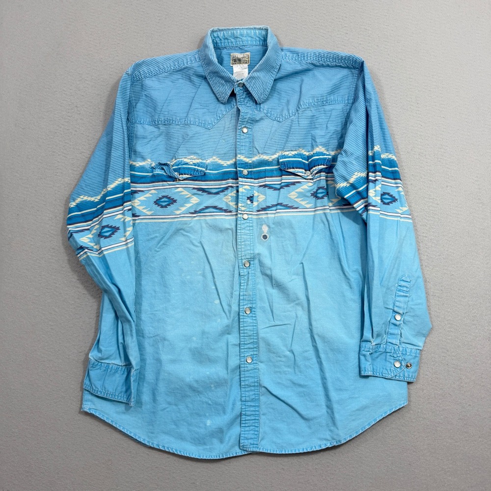 Vintage Express Rider Button Down Mens XL Blue Aztec Western Pearl Snap Shirt